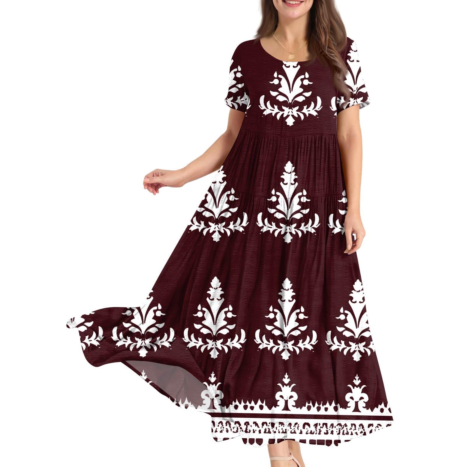 

Женские летние свободные платья в стиле бохо с круглым вырезом и коротким рукавом с цветочным принтом XXL винный