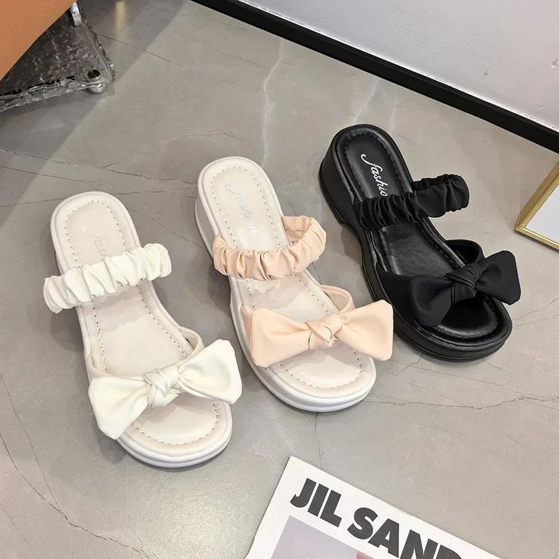 Móda Móda Ženy Nové Letní Ležérní Sandály s Tlustou Podrážkou Svrchní Oblečení Mašle Plážové Pantofle Sexy Nazouváky Platforma Boty Měkké Podpatky Kopyto Řím