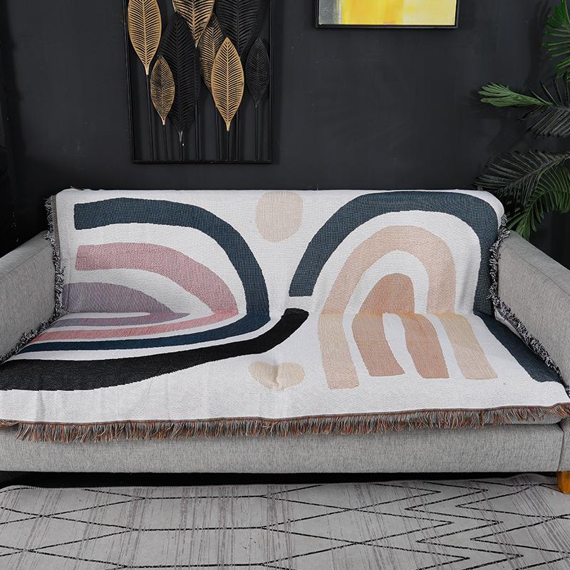 Textile City Abstract Rainbow Throw Blanket Mid-Century Modern Geometric Woven Tapestry With Fringe Pastel Boho Decorative Throw