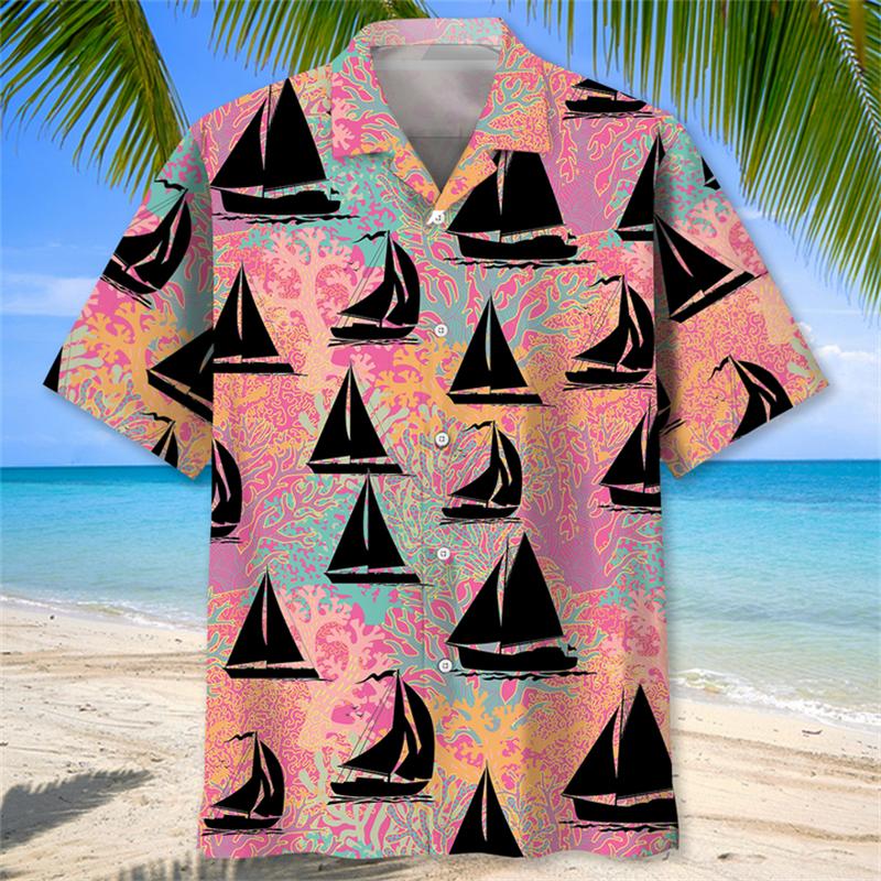 Pánská letní košile s 3D potiskem plachetnice, ležérní vintage streetwear top s krátkým rukávem