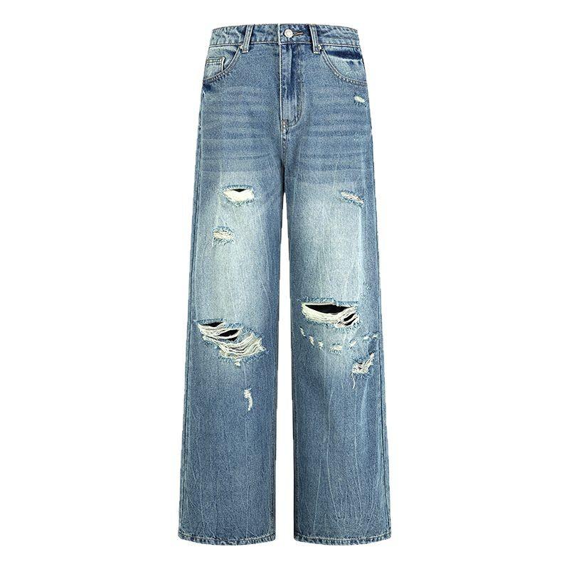American Ripped Jeans Women's Spring and Summer Retro Destruction Loose Washed Straight Wide-leg Pants Mopping Long Pants