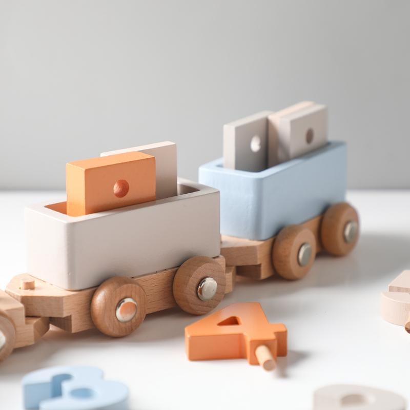 Baby Wooden Montessori Toys Birthday Train Educational Toys Wooden Trolley Baby Learning Toys Number of Wood Baby's Birth Gift