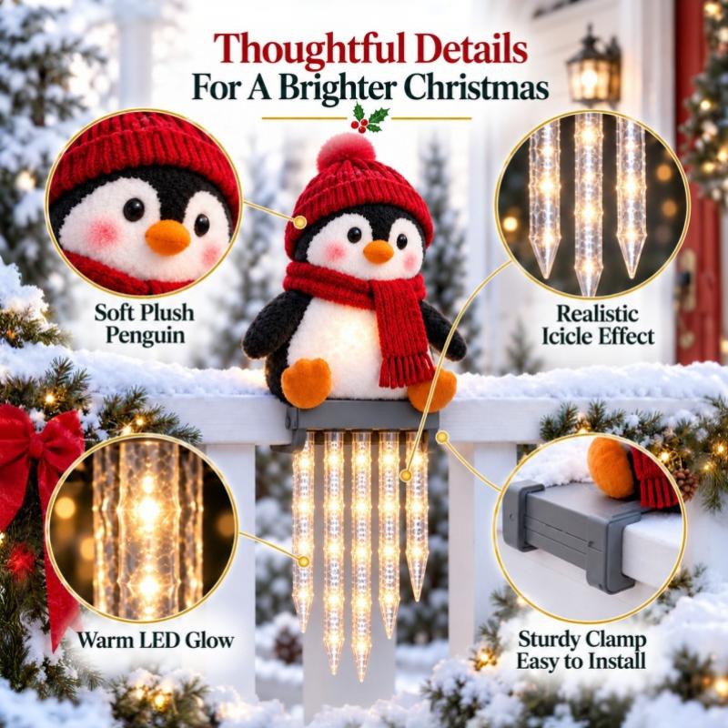 Snowman Icicle Railing Lights Christmas Decor Warm LED Winter Lighting Outdoor Ornament For Front Door, Balcony & Holiday Home