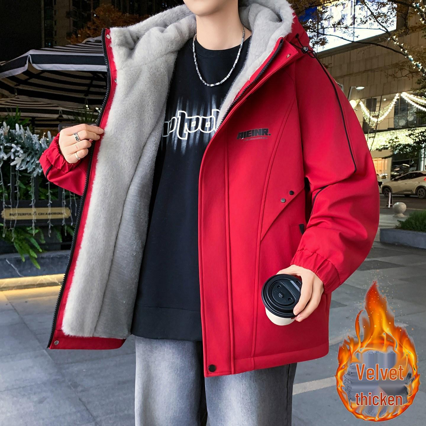 

Men s College Style Thick Velvet Winter Jacket - Warm, Loose-Fit, Cold-Resistant Outerwear for Youth and Students L for 110-125 lbs