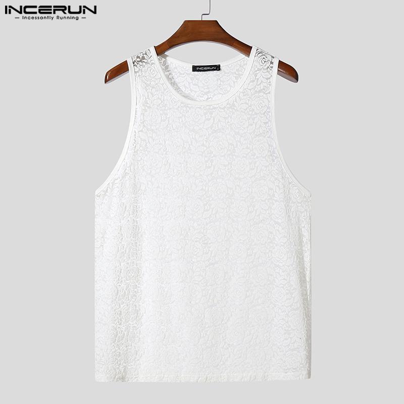 INCERUN Summer Men Sleeveless Lace See Through Mesh Sheer Loose Tank Tops