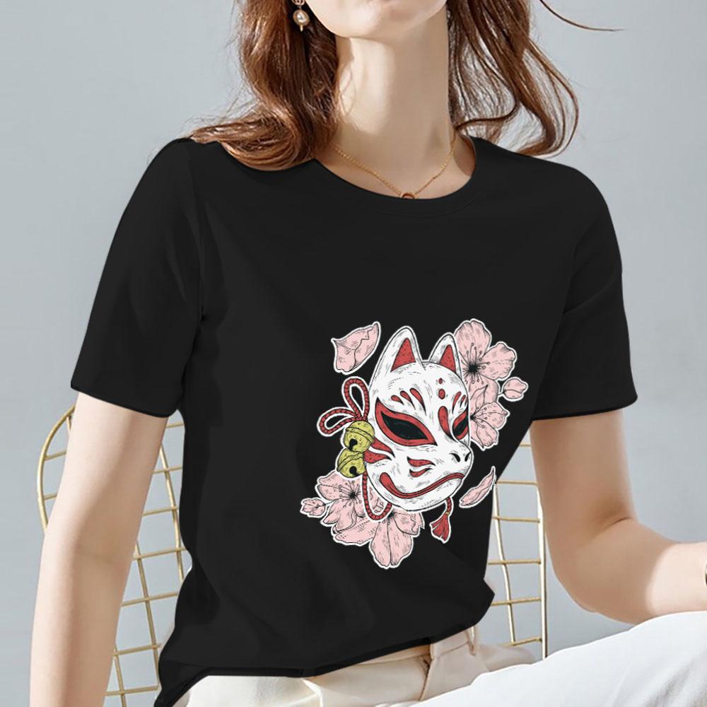 Módní tričko v japonském stylu Commuter Fire Fox Cherry Blossom Maska Vzor Potisk Ležérní Oblečení Harajuku s kulatým výstřihem