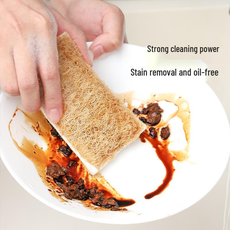 Double-Sided Natural Loofah & Cotton Dishwashing Cloth - Absorbent & Oil-Repellent Cleaning Pad Unwrapped