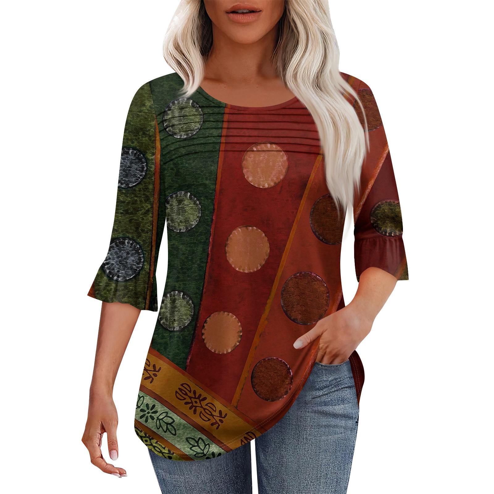 

Женская мода круглый вырез шея плиссированный спереди напечатанные точки расклешенный топ рукав 3/4 XXL кофейный