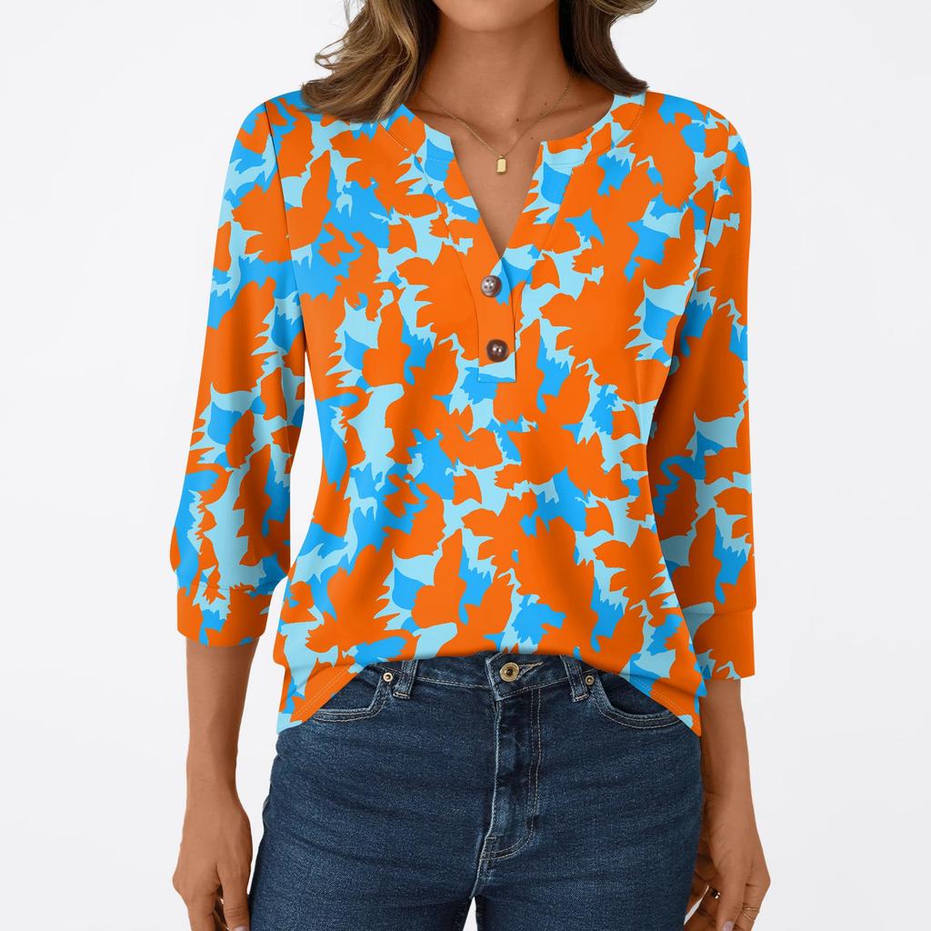 Damska Moda Casual Koszulka z Rękawem 3/4 Nadruki Dekolt w Serek Guziki