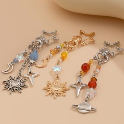 3Pcs/set Punk Stars Moon Sun Pendant Bag Keychain for Women Men Boho Colorful Beads Key Ring Bag Chain Y2K Jewelry Gift New