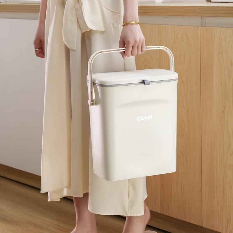 Cream Wall-Mounted Kitchen Trash Bin with Lid