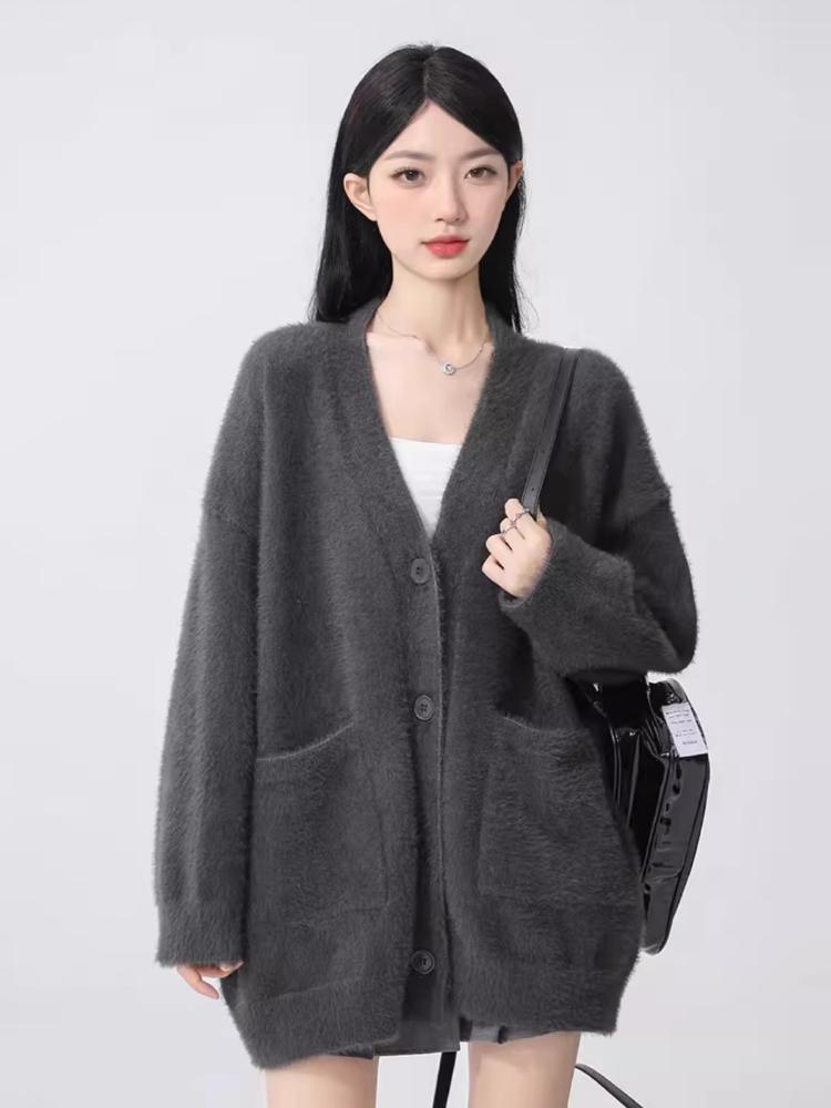 

Серый осенне-зимний вязаный кардиган женский свободного кроя мягкий эластичный свитер в стиле праздного кроя куртка с V-образным вырезом пальто M темно-серого