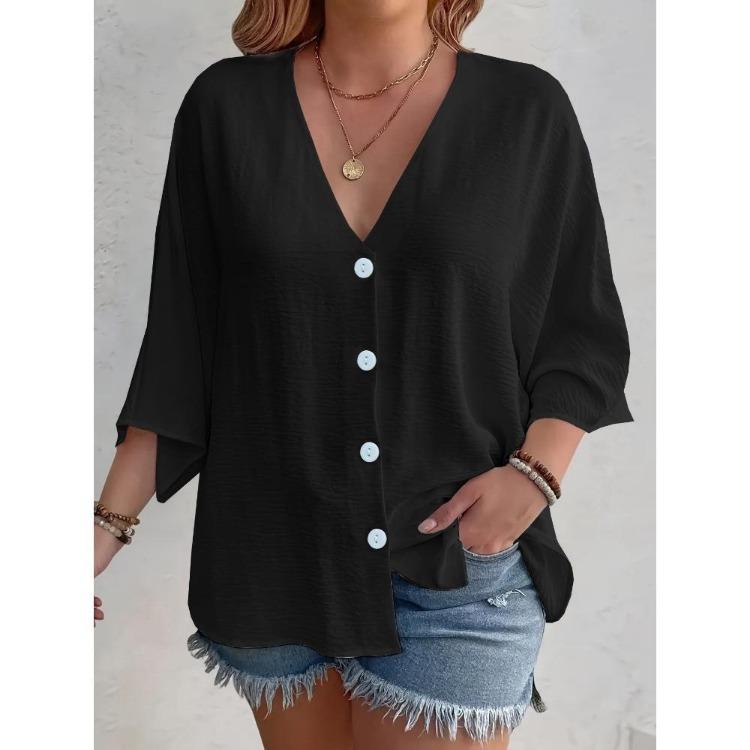 2025 New Women's Plus Size Casual V-Neck Long Sleeve T-Shirt Elegant Loose Blouse Solid Color Fashion Top for Spring Summer