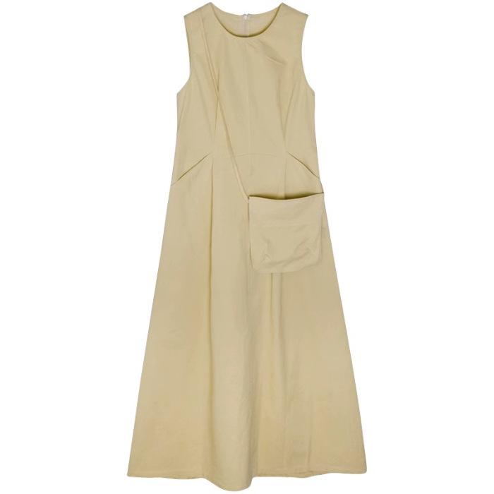 

[Invisible zipper + small backpack] Pure and gentle yellow dress for women s summer round neck, waist and thin back S