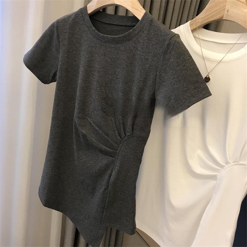 Top de damă cu talie laterală elastică, plisat, cu crăpătură și mâneci scurte - Tendință Vara 2025