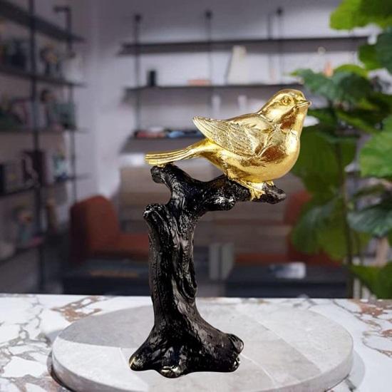 1 PC Golden Sparrows Bird Sitting On Tree Idol Statue, Home Decor Bird Design Figurines for Room Gifting Items, Bedroom, Office Desk, Living Room