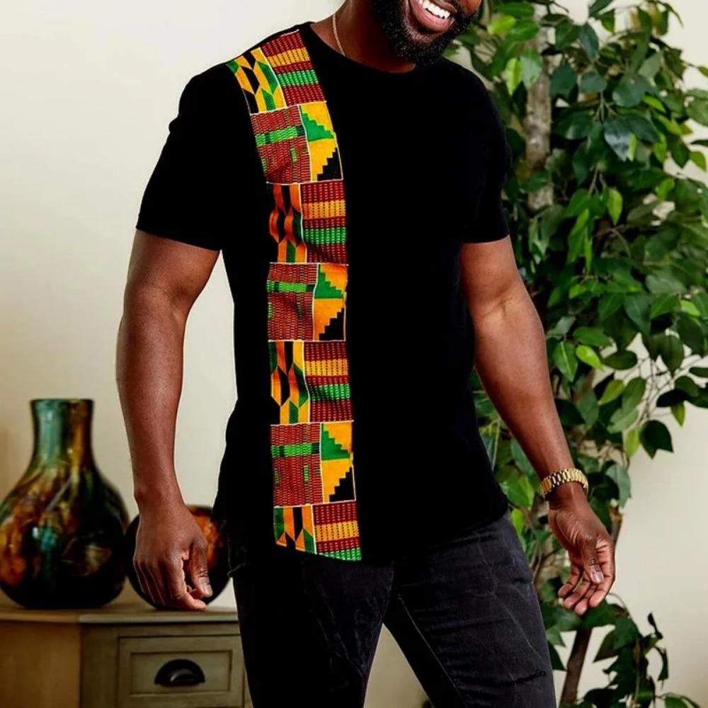 Men s African Kente Pattern T-Shirt Black Slim Fit Ethnic Casual Short Sleeve Fashion Top M