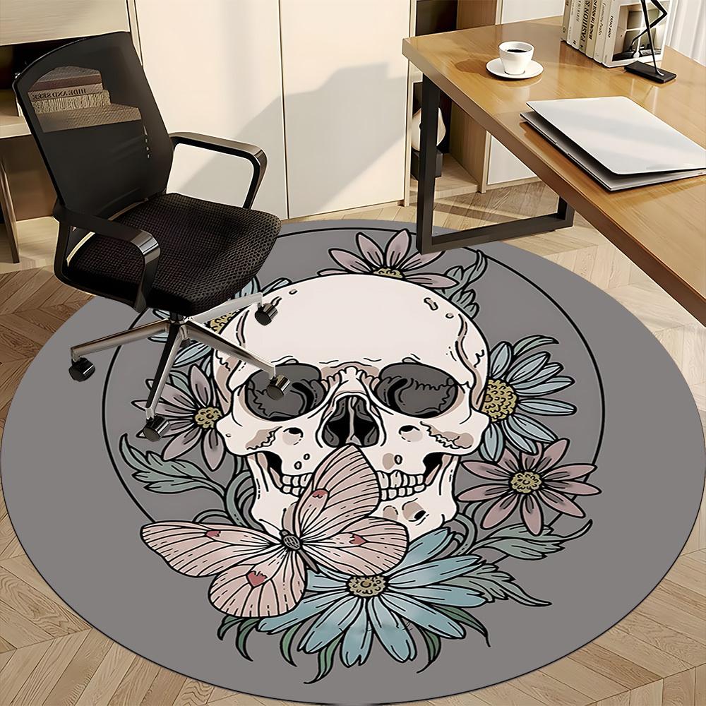 1pc Skull Flowers Office Round Area Rug, Under Office Chairs Bedroom Living Room Home Decor, Room Deco