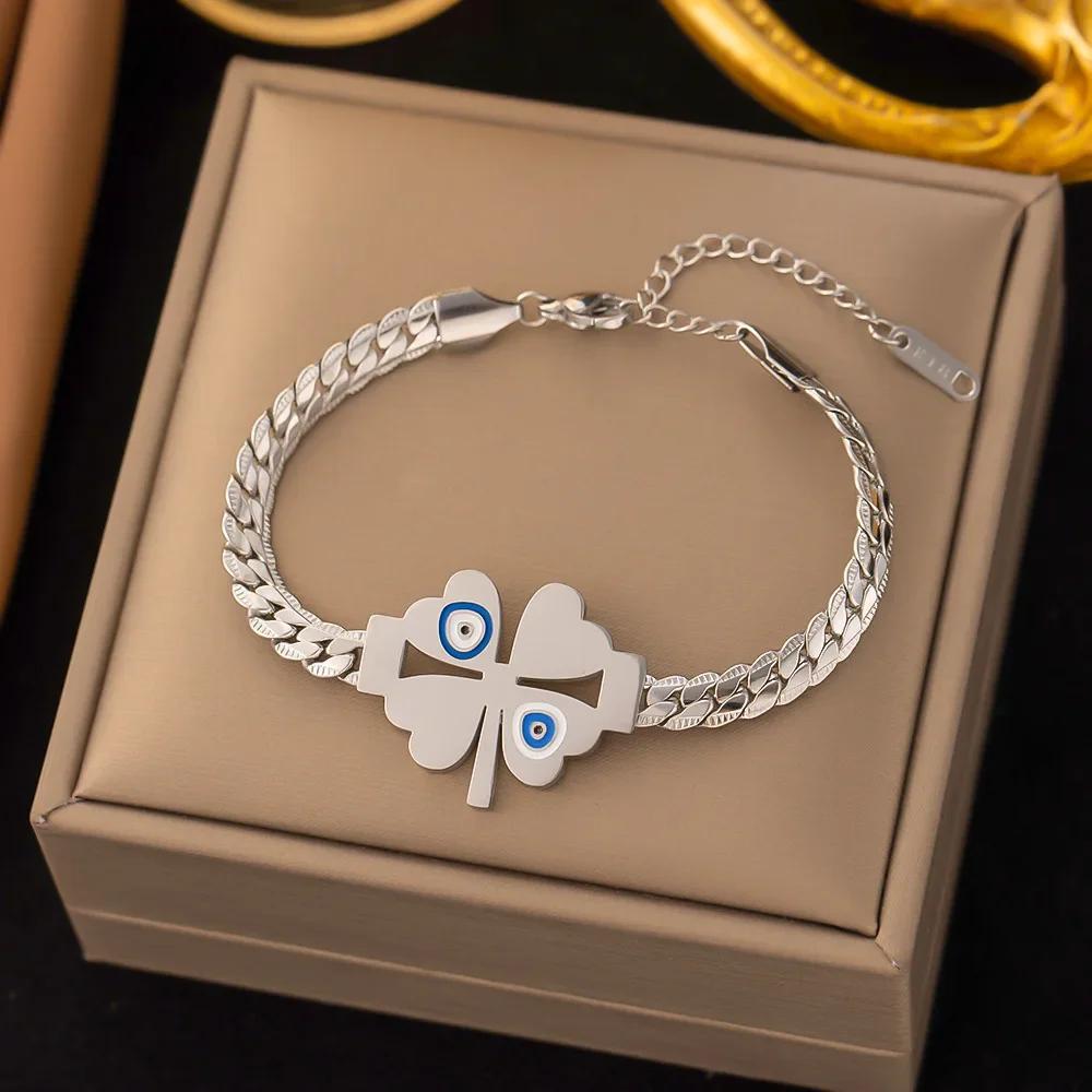 

New Charm Fashion Gold Color Stainless Steel Four-leaf Flower Bracelet for Women Luxury Inlay Zircon Bangle Jewelry Accessories