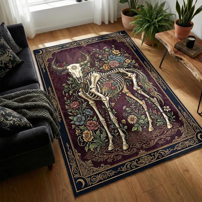 

Gothic Skeleton Unicorn Dragon Area Rug Dark Academia Botanical Floral Pattern Carpet for Living Room Bedroom Hallway Floor Mat 50x80cm