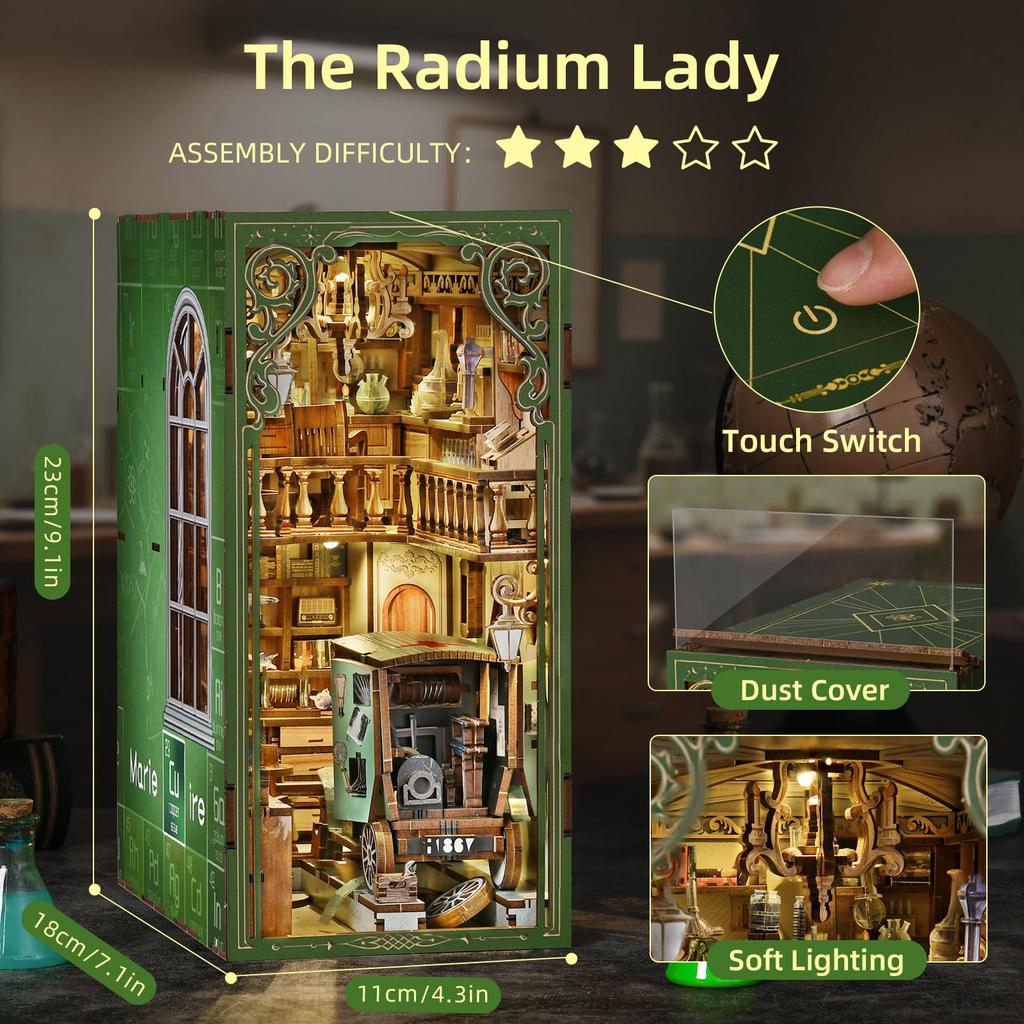MiniCity DIY Book Nook Kit - Dollhouse Kit - Miniature House Kit with Artwork and LED Lights (Radium Lady)