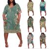 Summer Plus Size V Neck Short Sleeve Knee Pocket Print Casual Dress For Women