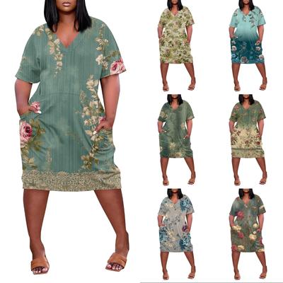 Summer Plus Size V Neck Short Sleeve Knee Pocket Print Casual Dress For Women
