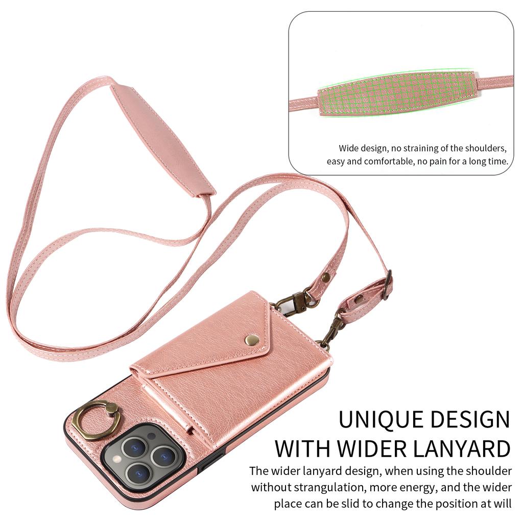 For iPhone 15 Series.for iPhone 15,15 Plus,15 Pro,15 Pro Max Shoulder Strap Rope Ring Bracket Design Card Holder Slots Lichee Pattern Cover Phone Case