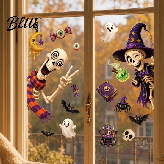 Non-adhesive Halloween Stickers 2 Sheets Window Clings Cartoon Skeleton Static Stickers Funny PVC Electrostatic Ghosts Bats Pumpkins for Glass Doors