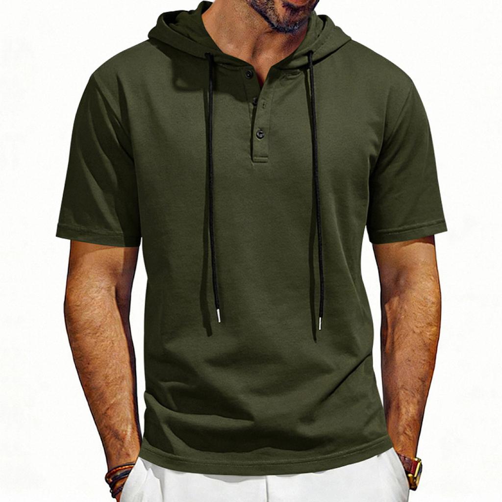 Men’s Short Sleeve Hooded T Shirt with Button Placket Casual Pullover Lightweight Drawstring Hoodie Top for Everyday Wear