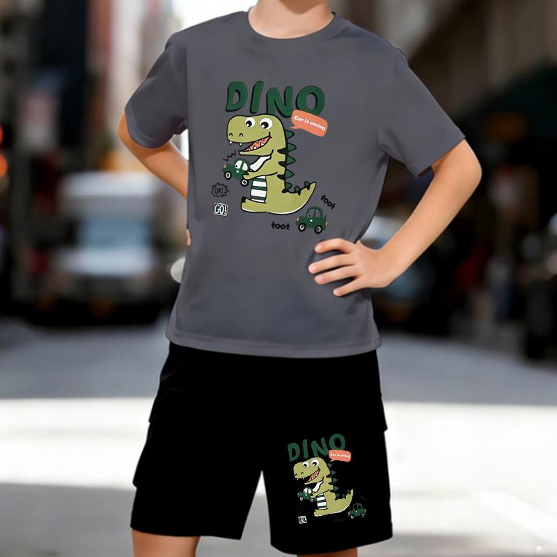 Boys 2 Piece Cartoon Dinosaur Print Outfit, Short Sleeve T-Shirt and Shorts Set for Kids Age 5-14,Black and White Sporty Casual Summer Clothes