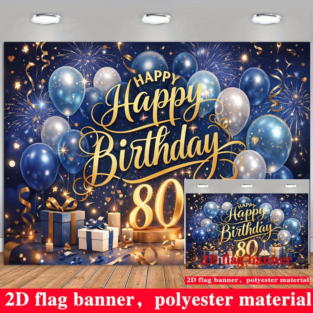 Striscione 80° Buon Compleanno Sfondo Palloncini Blu Argento Candele Poliestere