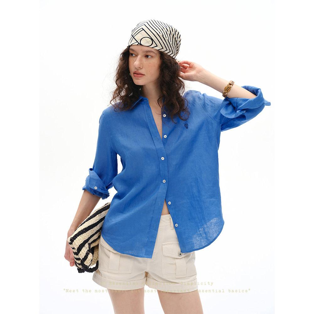 Peach Linen Embroidered Shirt Women's Long Sleeve Loose Lapel Commuter Sunscreen Shirt Summer Top