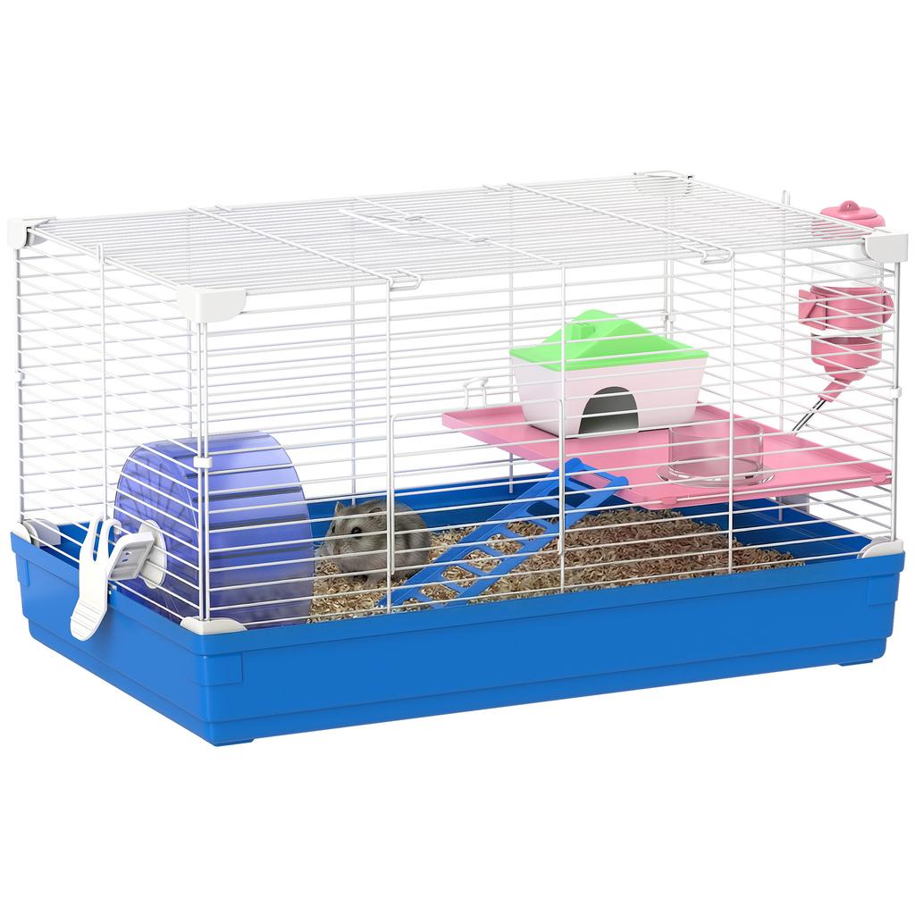 Cage Hamster, 2-Level Rodent Cage, Removable Base for Easy Cleaning, Hut, Exercise Wheel, 47x30x27cm, Blue