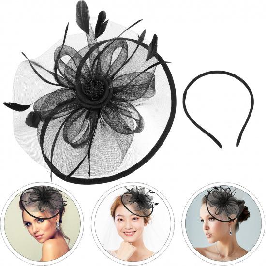 GALPADA Black Mesh Fascinator Hat for Women Vintage Wedding Bride Hat Decoration with Plume Flower Headband, Tea Party and Banquet Special Occasion