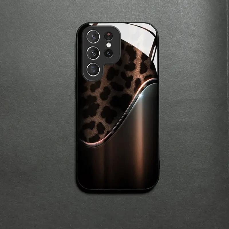 Silberne gebogene Leopardenmuster-Hartglas-Handyhülle geeignet für Samsung Galaxy S26 S25 S24 S22 S21 S20 FE/Ultra/Plus