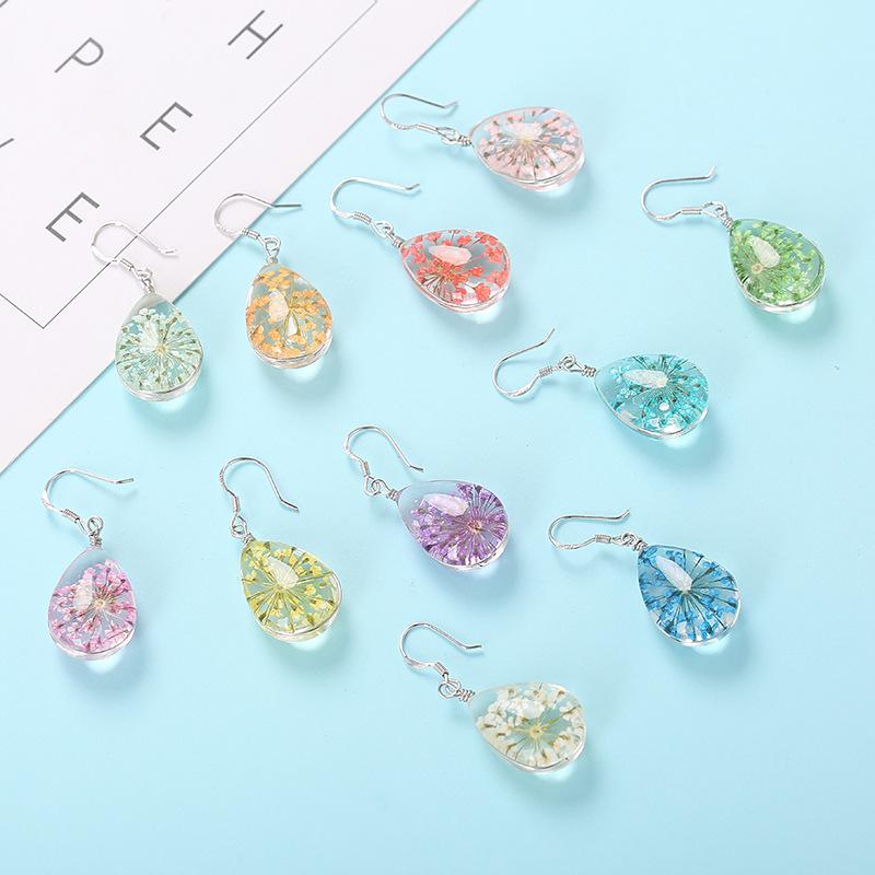 Original Hand-Wound Water Drop Dried Flower Specimen Earrings Qingren, Student Gift E88