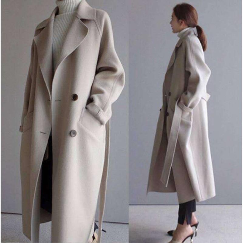 Womens Oversized Wool Blend Coat Winter Medium Length Double Breasted Casual Trench Style