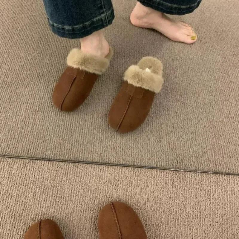 Pantofi de modă Femeii 2024 Noui Papuci de damă cu vârf închis Toamna Iarnă Lână de pluș pentru căldură Papuci de casă, plat, confortabili