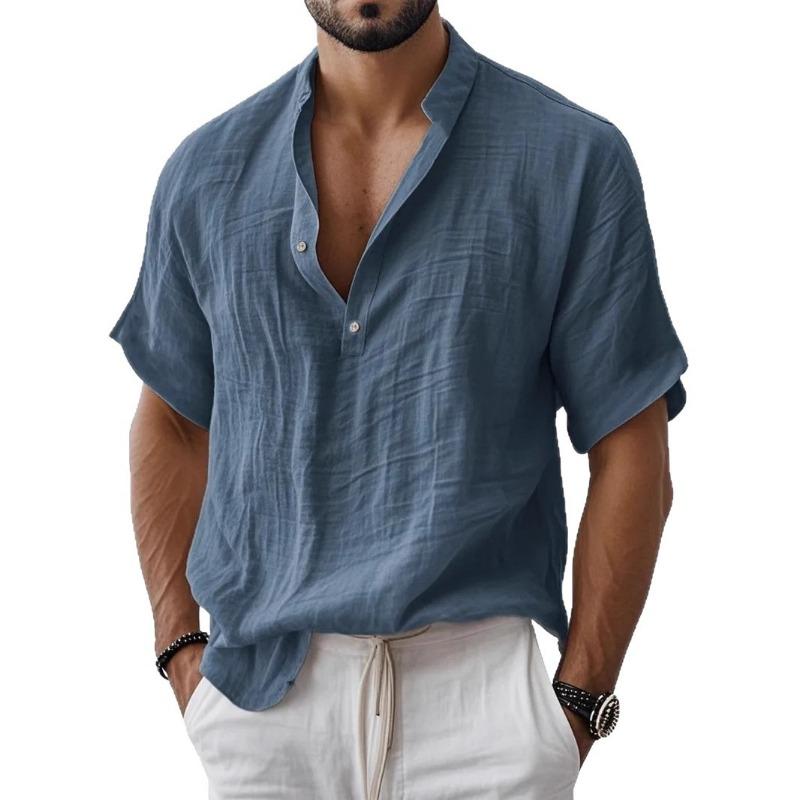 Men Mandarin Collar Short Sleeve Henley Shirt Crinkle Texture Casual Summer Top