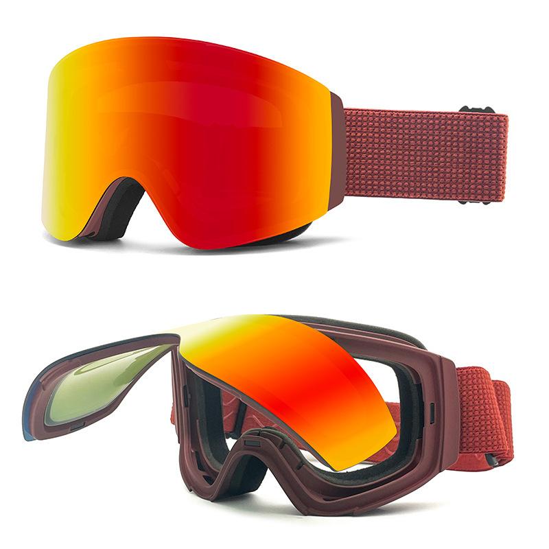 

Flip-up ski goggles, double-layer anti-fog mountaineering and skiing goggles, UV protection outdoor sports glasses Red frame, red film