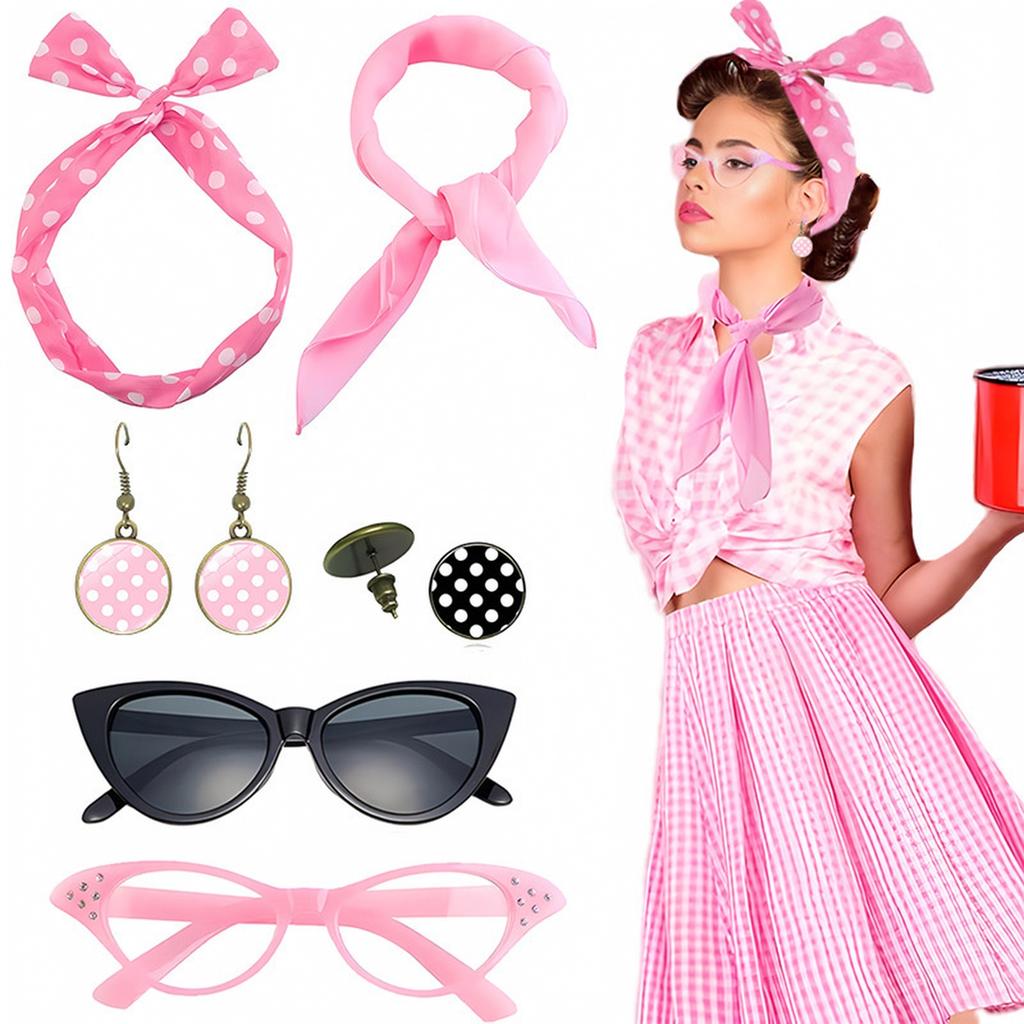 Retro 1950s Party Accessory Set with Eye Glasses, Polka Dot Headband and Earrings