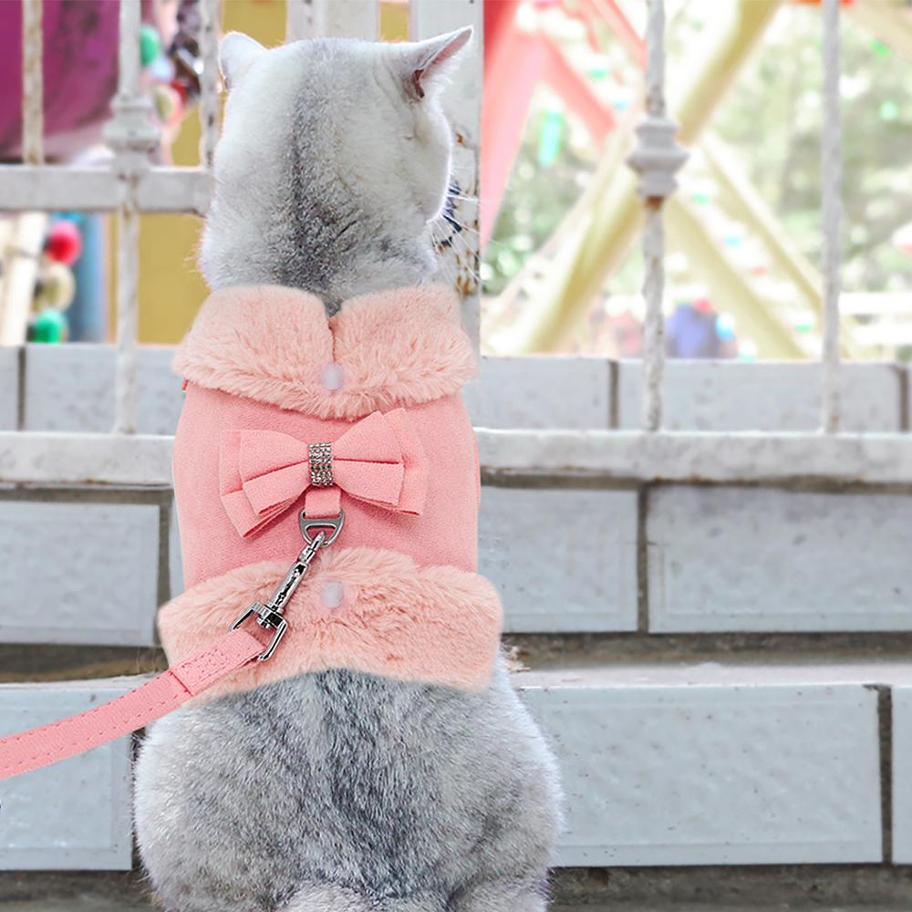 Warm Fur Puppy Dog Harness Leash Cute Bowknot Dogs Cat Harnesses Padded Pet Vest With Matching Lead Rope For Dogs Cats Winter