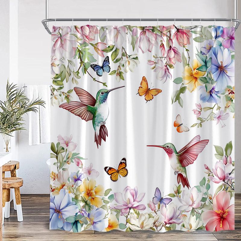 Floral Hummingbird Shower Curtains Watercolor Flowers Butterfly Dragonfly Birds Plant Bath Curtain Modern Fabric Bathroom Decor
