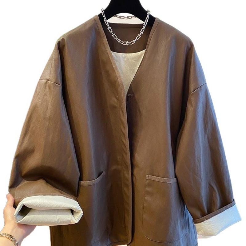 Today's fashion high-end brown leather jacket women's spring and autumn new loose Maillard wear