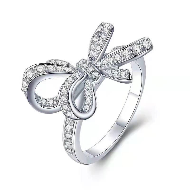 Adjustable Large Bow Ring with Simulated Diamond for Women