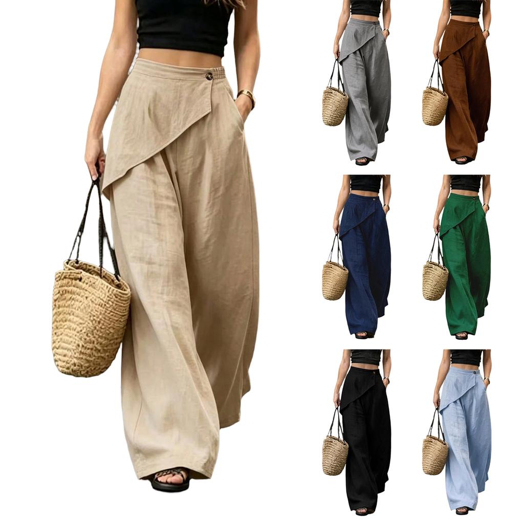 Women's Color Elastic Waist Wide Leg Casual Pants with Irregular Hem