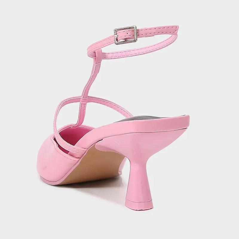 Fashion Black Patent Leather Ankle-Wrap Pumps Women Sexy Pointed Toe Heeled Sandals Elegant Slingbacks Mules Heels Summer Designer Shoes