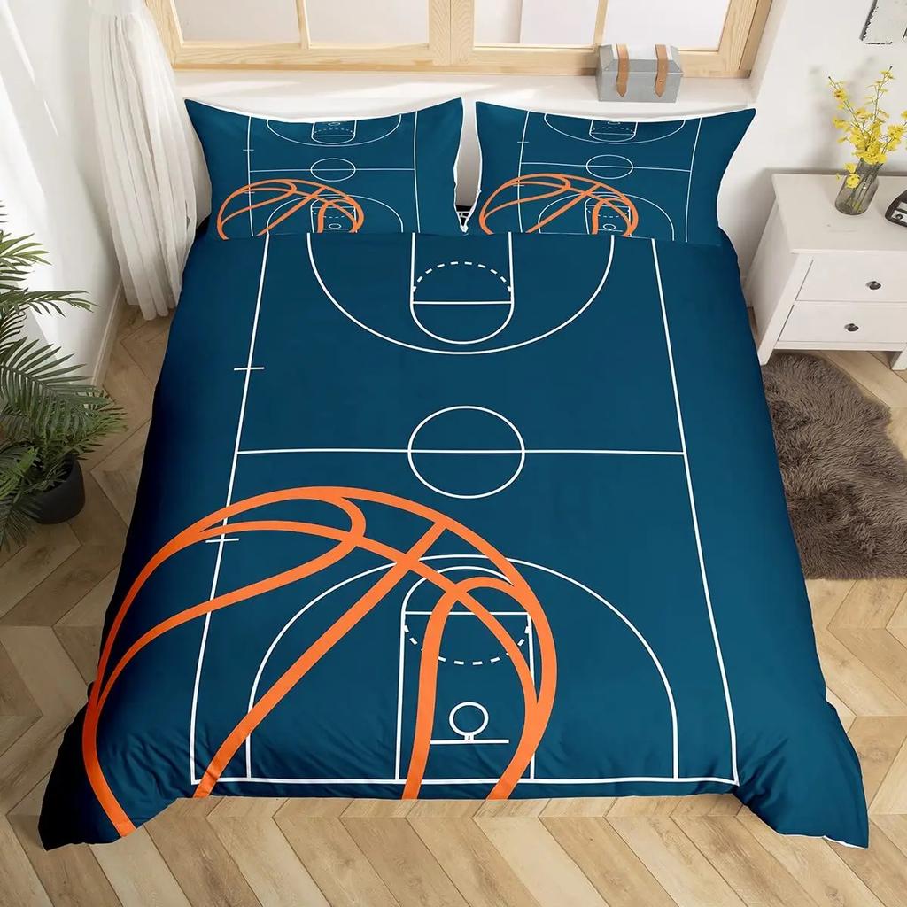 Basketball Court Print Bedding Set Queen Size,Ball Sports Games Themed Duvet Cover, Boys Game Room Decor Comforter Duvet Cover