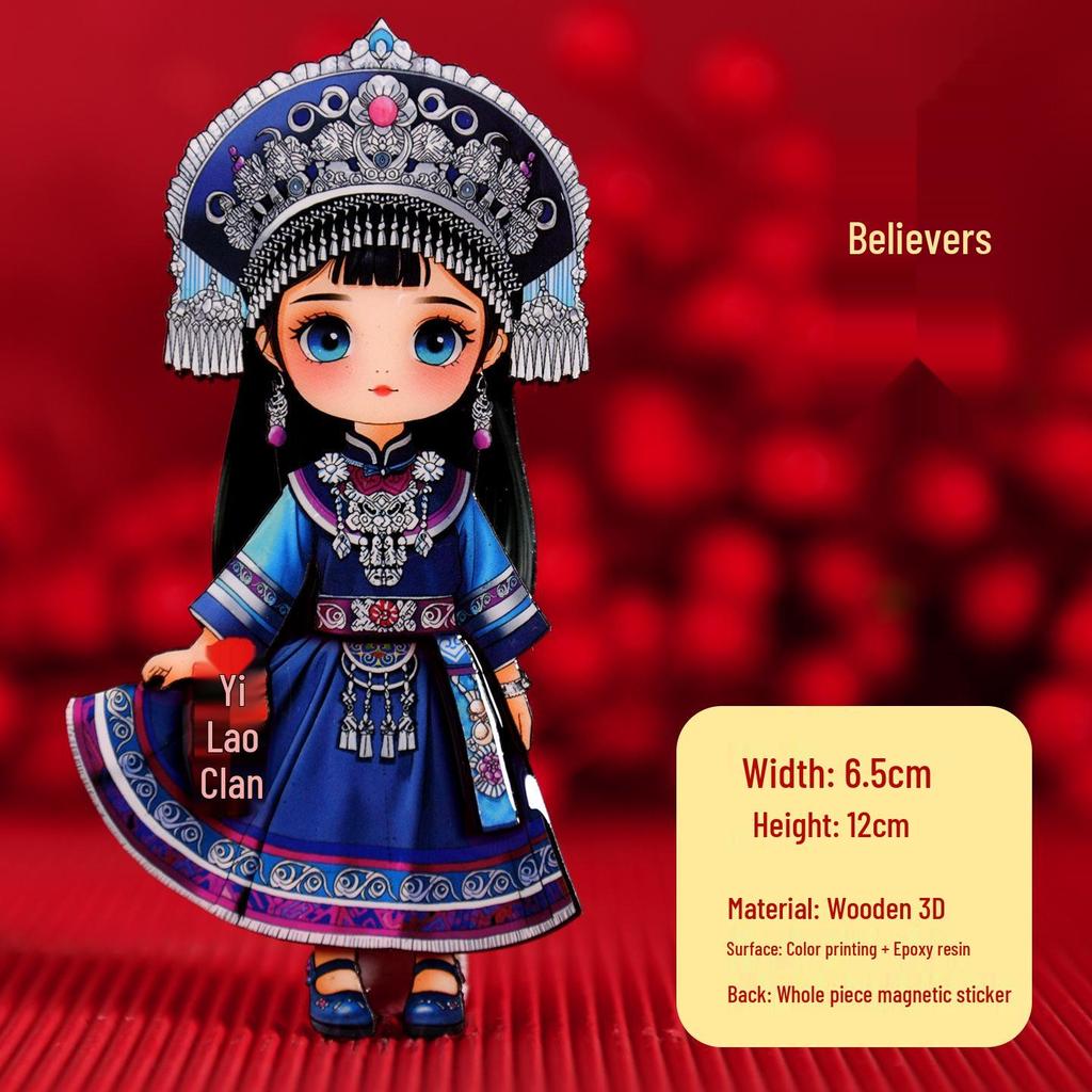 Chinese Ethnic Figures Wooden Magnets - Cultural Souvenir Stickers